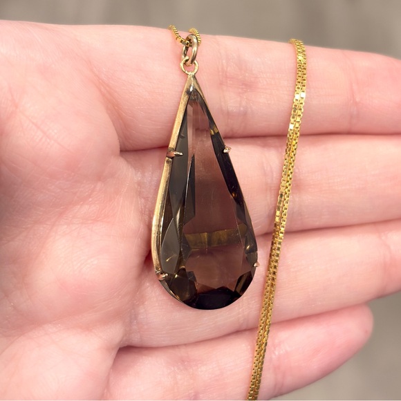 Vintage Smoky Quartz 18K Yellow Rose Gold Pendant Mid-Century Teardrop Solitaire - Picture 5 of 13